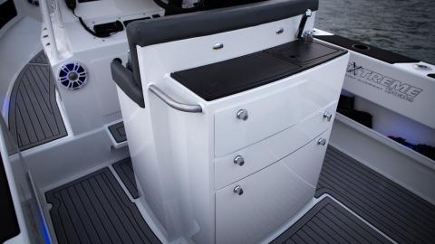Deluxe seating module with slide out chillybin drawer and two other drawers plus sink and prep area with bolstered seats